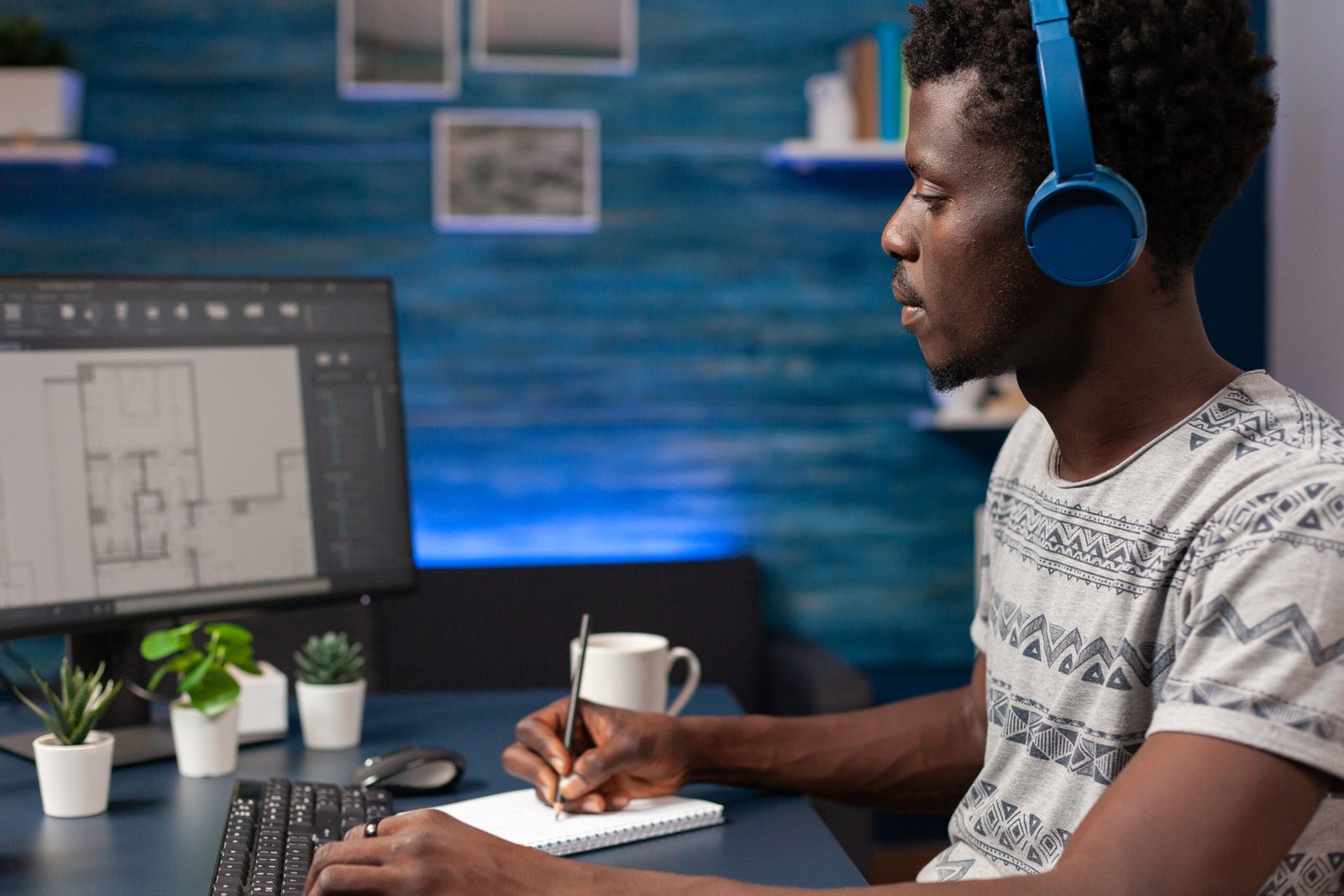 African american architect man with headset analyzing